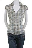 Do & Be Plaid Ruffle Western Snap Closure Cap Sleeve V Neck Blouse Top Green