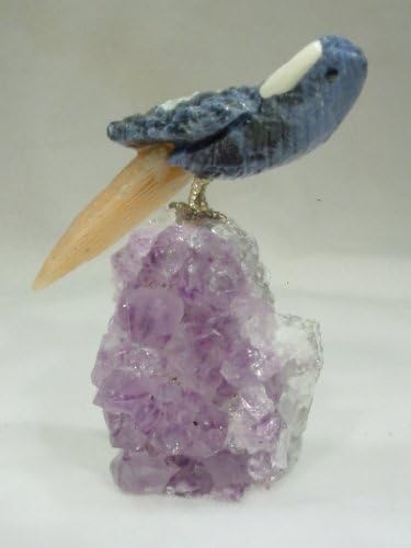 Hand Carved Sodalite Parrot Bird with Calcite Tail on Amethyst Perch Sculpture