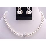 Brd729 White Pearls Bridal Jewelry Set 8mm Pearls w/ Cubic Zircon Ball Pendant w/ Stud Earrings