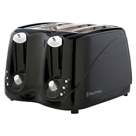 Russell Hobbs 14340 4 Slice Toaster in Black Plastic with variable browning and frozen, cancel and reheat functions