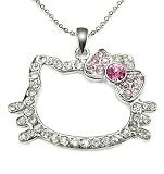 Kitty Large Crystal Pink Charm Ribbon Necklace