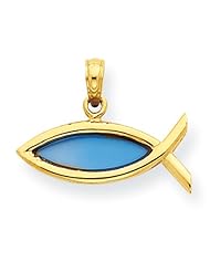 14K Yellow Gold Blue Translucent Acrylic Ichthus Pendant