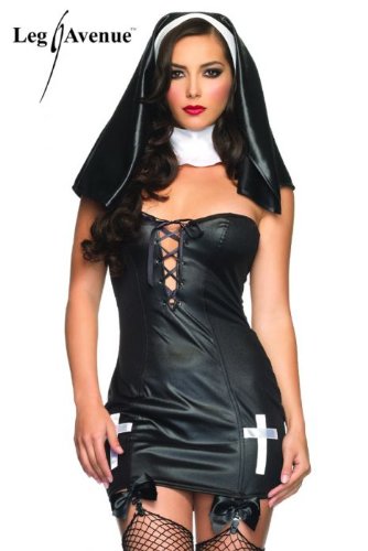 Leg Avenue Women's 3 Piece Saintly Sinner Garter Dress With Clear Straps And Head Piece, Black, Medium/Large