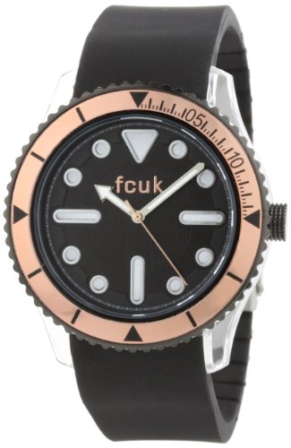 FCUK Mens FC1063PRB Black Silicon Strap Round Plastic Case With Rose Gold Top Ring Watch