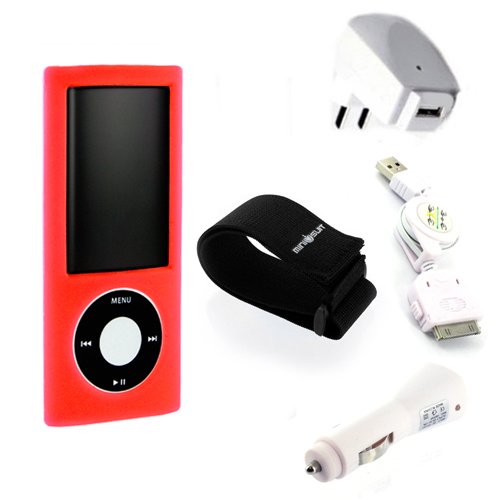 (Red Nano 5th Gen) 5 in 1 iPod Nano 5th generation silicone case bundle for 5th Gen accessories skin cover, armband, car charger, home charger, USB cable