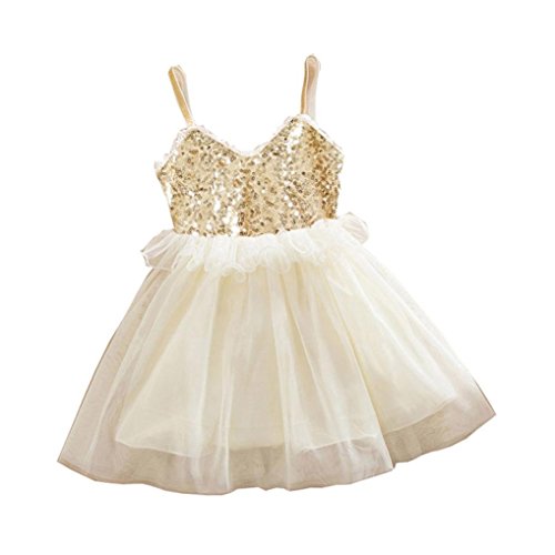 FEITONG Kids Girls Princess Sequins Tulle Lace Tutu Slip Dress (Age:2-3Y, beige)