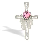 14K White Gold Heart Created Pink Sapphire and Diamond Cross Pendant