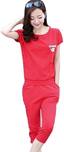 Womens Casual Tracksuits PU Contrast Shirts+Capris Clothing Red XL