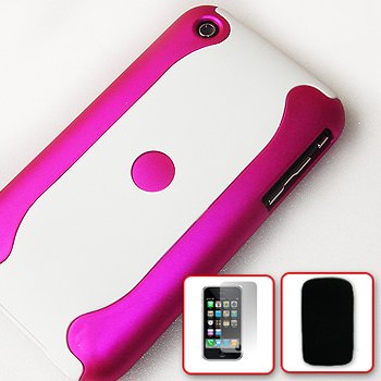 New Pink & White  Premium quality hard case for apple  iPhone 3GS 3G + Black pouch case + screen protector