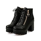 VogueZone009 Womens Closed Round Toe High Heel Chunky PU Solid Boots with Bandage, Black, 5.5 B(M) US