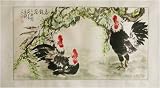 Chinese Sumi Art Brush Painting - Three Roosters on Green Background - Watercolor Ink on Rice Paper