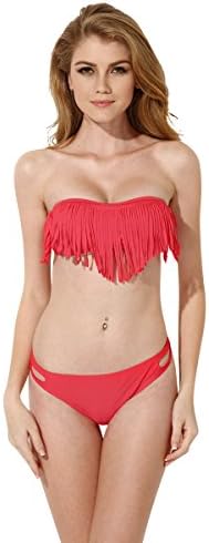 2015 New Womens Sexy Swimwear Summer Fashion Beachwear Bandeau Top Bikini with Fringe Detail at Bust Small Red