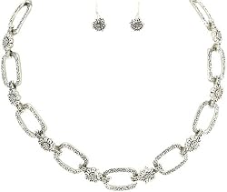 Silver Flower and Square Link Necklace & Earrings Set Fashion Jewelry