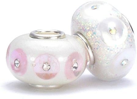 Set of 2 Roxy Jewels, Sequin & Glitter Accented White Resin Beads with Pink Faceted Crystal, Solid Sterling Silver Core - Fits Pandora & European Compatible Charm Bracelets Roxy