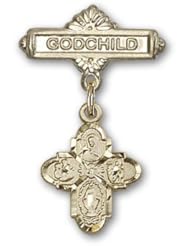 Gold Filled Baby Badge with 4-Way Charm and Godchild Badge Pin