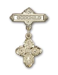14kt Gold Baby Badge with 4-Way Charm and Godchild Badge Pin