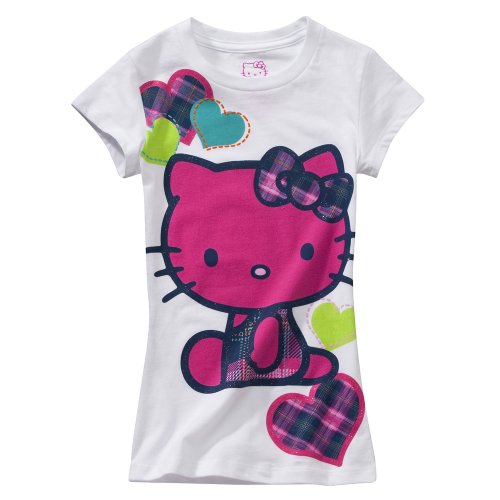 Girls' Hello Kitty White/Pink Plaid Short-Sleeve Heart Tee