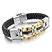 Men's Stainless Steel Genuine Leather Bracelet Bangle CZ Gold Tone Black