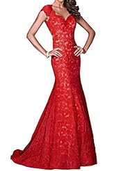 V-neck Mermaid Cap Sleeves Open-Back Lace Evening Dress/Mother-of-the-Bride Dress/Prom Dress/Party Dress 