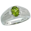 10k White Gold Satin Design Men's Ring, w/ Brilliant Cut Diamonds & Oval Cut (8x6mm) Peridot Stone, 3/8" (9.5mm) wide