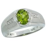 10k White Gold Satin Design Men's Ring, w/ Brilliant Cut Diamonds & Oval Cut (8x6mm) Peridot Stone, 3/8 (9.5mm) wide