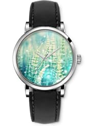 SPRAWL Aanalog Fashion Series Silver Ladies Watches of Genuine Black Leather Strap,Unique Wrist Watch for Women Girls Designed with Branch Landscape