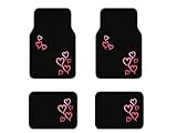 A Set of 4 Universal Fit Front and Rear Logo Plush Carpet Floor Mats - Pink and Red Hearts