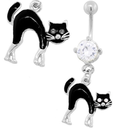 Black Cat with CZ Eyes Belly Button Ring - Halloween Body Jewelry