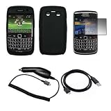 Premium Black Soft Silicone Gel Skin Cover Case + Crystal Clear Screen Protector + Rapid Car Charger + USB Data Sync Charge Cable for BlackBerry Bold 9700 [Accessory Export Packaging]