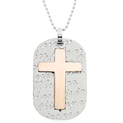 Men's Stainless Steel Dog Tag Pendant with Prayer and Cross in Gold Ion Plating, 22"