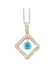 Diagonal Square And Circle Diamond Pendant In 18K Yellow Gold With A 0.60 ct. Genuine Blue Topaz Center Stone.