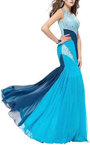 UniformOnline Memaid Trumpet V-Neck Beading Split-Front Long Prom Dress Blue 2