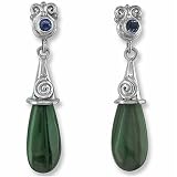 Sterling Silver Carved Jade Drop w/ Iolite Accent Dangle Earrings by Sajen