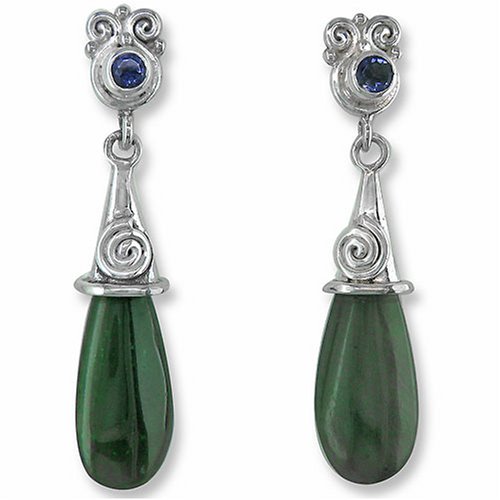 Sterling Silver Carved Jade Drop w/ Iolite Accent Dangle Earrings by Sajen