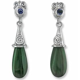 Sterling Silver Carved Jade Drop w  Iolite Accent Dangle Earrings by Sajen by Jade Birthstones