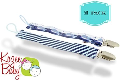Kozee Baby Pacifier Clips for Boys | 1 Stripe + 1 Print | 8" Length, Metal Clasp, Premium Quality, Safe &amp; Non-Toxic, Set of 2