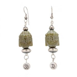 Hand Carved Jade Buddha Head Dangle Earrings with Om (Aum) Charm, #7461