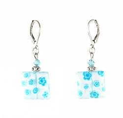 Earrings - E137 - Millefiore Squares ~ Clear with Aqua Flowers.