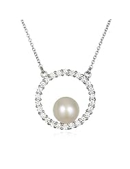 White CZ Circle Pearl Accent Necklace-18"