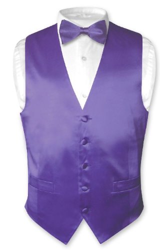Deals For Biagio Men's Solid PURPLE SILK Dress Vest Bow Tie Set for Suit or Tuxedo