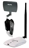 Alfa AWUS036NHR - High-Gain 2000mw 2W 802.11 B/G/N Wireless USB Network Adaptor with a 5dBi Omni-Directional Antenna and a 7dBi Panel Antenna and a Suction cup / Clip Window Mount dock - Wireless-N 802.11n Wi-Fi - 150Mbps - 2.4 GHz - 5dBi Antenna - Long Range - Realtek Chipset - Strongest on the Market