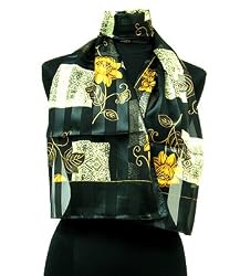 Scarf Black Gold Flower Design Neckerchief 13"x60"