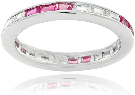 Sterling Silver .925 Pink Sapphire Color and Clear 3mm Baguette Cubic Zirconia Eternity Band (9)