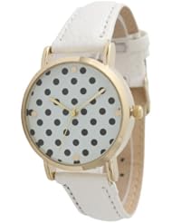 Geneva Leather Band Watch With Stylish Polka Dot Face - White with Black Dots!