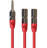 PlugLug 3.5mm Headphone Splitter - 3.5mm Male to 3.5mm Double Female Cable (Red) - New Design for iPhone, iPad, Smartphones