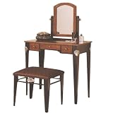 Dark Oak Finish Vanity Set with Bench and Mirror