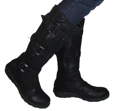 Ladies Adjustable Calf Wide Fit Biker Boots Black UK Size 7 (EU40)