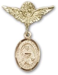 Gold Filled Baby Badge with St. Julia Billiart Charm and Angel with Wings Badge Pin