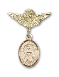 14K Gold Baby Badge with St. Julia Billiart Charm and Angel with Wings Badge Pin