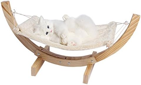 MeowWoof™ Cozy Pet Hammock Cat Kitten Dog Lounge Hanging Bed, Soft Plush Mat &amp; Solid Pine Wood, Beige